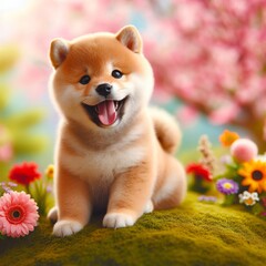 Obraz premium pomeranian puppy with flowers