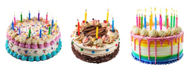 set of colorful birthday cake with candles