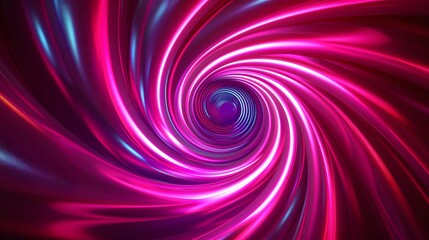 Graphic design art of abstract illusion of spiral with geometric shapes of pink and violet neon lines. 
