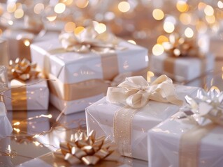 festive luxury display opulent white and gold wrapped christmas gifts artfully arranged on reflective surface backdrop of shimmering bokeh lights creating magical ambiance