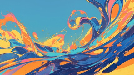 Obraz premium Abstract Colorful Wave Pattern with Vibrant Blue, Orange, and Yellow Swirls on a Light Blue Background