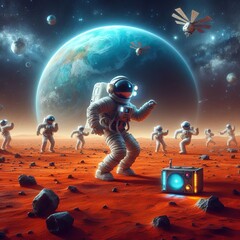 astronauts dancing in space
