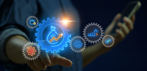 Asset management concept. Business investment banking payment technology. Financial insights and strategic planning. Businessman showing neon line of US dollar icon with up arrow inside gear.