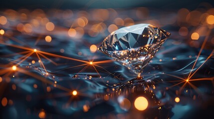 Futuristic cyber backdrop, top diamond floating in realistic digital art with glowing dots and lines