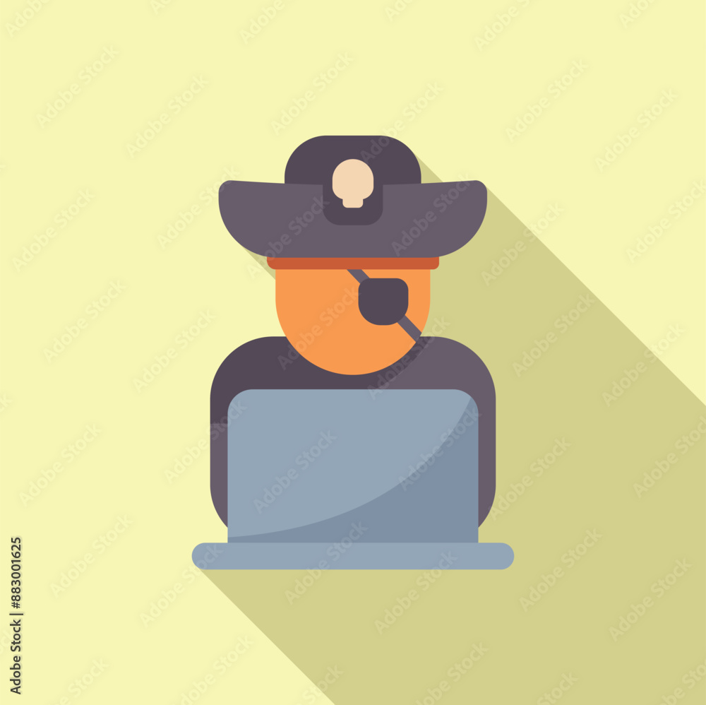 Aufkleber hacker with eyepatch and pirate hat working on a laptop computer, cybersecurity concept