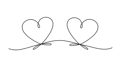 Two hearts icon from one continuous line. Hand drawing love symbol.