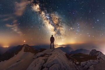 Man stands on mountain top at night with starry sky and Milky Way. Looks out into distance, silhouette contrasting against dark blue sky. Mountainous terrain stretches far away. Night scene.
