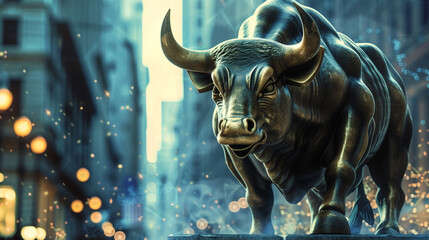 Naklejka premium Bronze bull statue is charging forward representing a bull market in the financial district