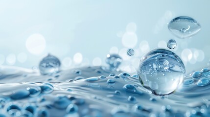 Crystal clear water droplets floating on a tranquil surface of water