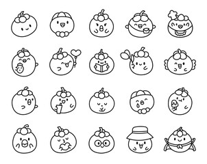 Cute kawaii mangosteen with funny face. Coloring Page. Adorable cartoon food character. Hand drawn style. Vector drawing. Collection of design elements.