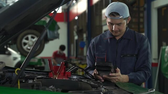 Asian auto mechanic checking battery voltage maintenance With a digital battery tester