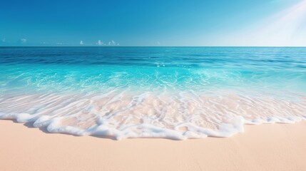 Serene tropical beach with clear turquoise water and gentle waves washing onto the sandy shore under a bright blue sky.