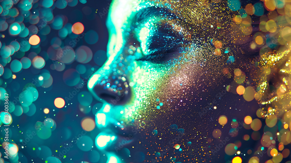 Poster close-up of a womans face covered in colorful glitter with bokeh lights in the background