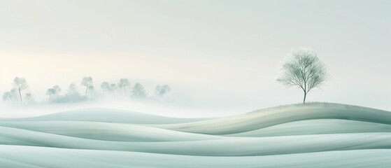 Serene winter landscape with a solitary tree on rolling hills, covered in frost and surrounded by a misty old growth forest.