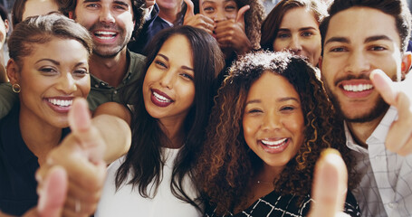 People, employees and thumbs up in office with selfie for team building and collaboration for project. Diversity, portrait and smile or agreement for teamwork, business growth and creating memories