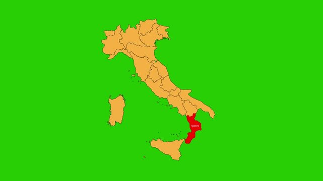 Calabria, map animated video. Map Highlighted on the Itali map with animation and colour with Green screen background in video format.	
