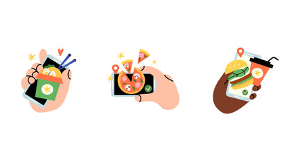 Food delivery. Hand hold smartphone, mobile app screen. Products fast order. Online cafe or restaurant. Pizza and burger, asian wok or noodles. Vector cartoon flat style isolated illustration