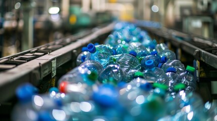 Obraz premium Plastic bottles on a conveyor belt in a recycling facility, showing the process of waste management and recycling