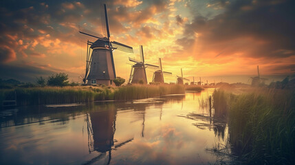 View of traditional windmills and canals in Kinderdijk Village in the Netherlands, South Holland. Famous tourist attraction in Holland. Beautiful Dutch landscape with dramatic sky. fotorealistic