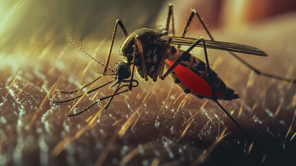 A mosquito that carries dengue fever and Zika virus is sucking blood. The concept of disease transmission, public health risk, and the importance of mosquito control. Generative AI.