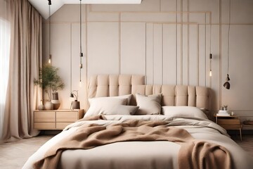 Modern house interior details. Simple cozy beige bedroom interior with bed headboard, linen bedding.
