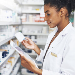Black woman, tablet and pharmacist check medicine for stock take, inventory and reading label on...