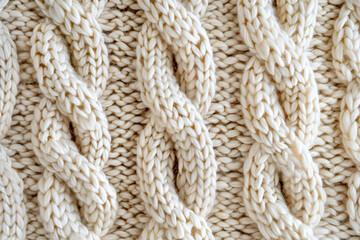 ivory knitted background with woolen cable pattern, top view