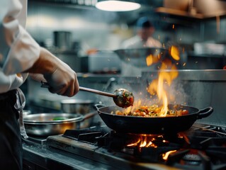 A person cooking food in a frying pan on a stove, perfect for kitchen or culinary-themed images