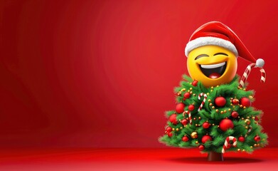 Happy New Year background with 3d decorative christmas tree, smile emoji with santa hat on red background. Xmas decoration for greeting card or banner