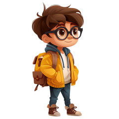 Cute Cartoon Boy in Yellow Jacket with Backpack and Glasses