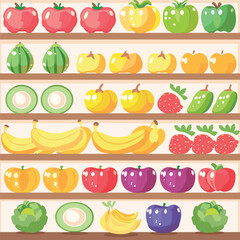 Fresh Fruit and Vegetables on Shelves in Grocery Store