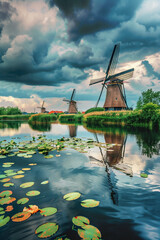 View of traditional windmills and canals in Kinderdijk Village in the Netherlands, South Holland. Famous tourist attraction in Holland. Beautiful Dutch landscape with dramatic sky. fotorealistic