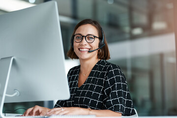 Computer, call center and portrait of happy woman typing email for customer support, service and...