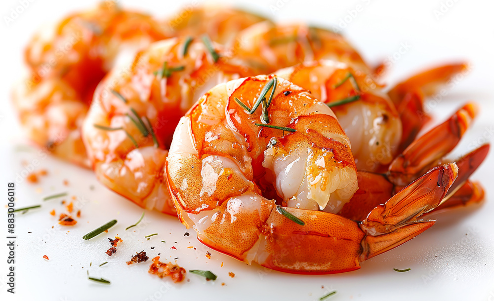 Poster a plate of shrimp with herbs and spices on top. the shrimp are arranged in a row, with the tails poi