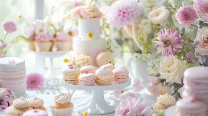 Delicate Pastel Dessert Table with Floral Arrangements