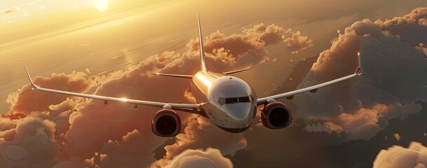 White and Red Boeing Airplane Flying Against a Sunset Sky in Cinematic Style with 35mm Lens