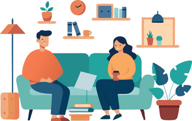 Young couple sitting on sofa in living room