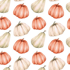 Watercolor seamless pattern with pumpkins. Print with multi-colored pumpkin, white, orange and green. Design and decoration of autumn theme, harvest.