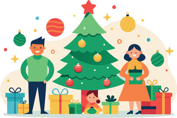 Fototapeta premium Family decorating a Christmas tree