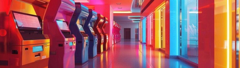 Obraz premium Vibrant, neon-lit corridor with rows of self-service kiosks showcasing modern technology and colorful, futuristic design elements.