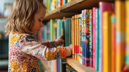 Closeup Child arranging books on a classroom shelf, vibrant decorations, soft lighting, watercolor style, detailed titles and spines