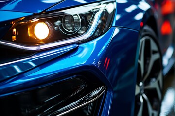 Car headlight close-up. Blue car with orange lights.