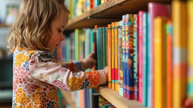 Closeup Child arranging books on a classroom shelf, vibrant decorations, soft lighting, watercolor style, detailed titles and spines