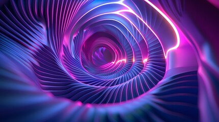 Graphic design art of abstract illusion of spiral with geometric shapes of pink and violet neon lines. 