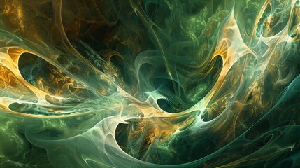 An abstract space scene with sinuous, curving patterns in various shades of green and gold,