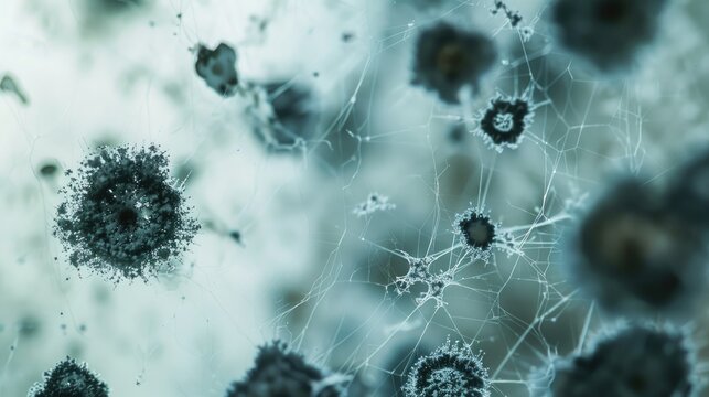 Close up imagery of black fungus spores molds and yeasts under a 40x macro lens in an air contaminated environment Microbiology lab theme with empty space