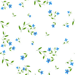 Seamless floral pattern. Watercolor illustration. Botanical illustration. Blue flowers and green twigs and leaves. Forget-me-nots. The flowers are highlighted on the background. Cute baby pictures