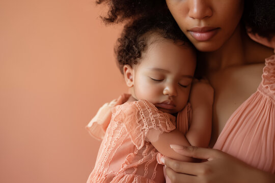 Close-up portrait of beautiful African American woman holding newborn baby in her arms, minimalist background, pink and brown tones. Family and infant newborn concept, motherhood, child care.
