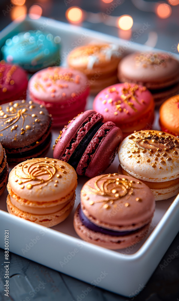 Aufkleber a white plate with a variety of colorful macarons. the macarons are arranged in a way that they look