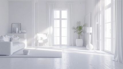Clean minimalist room, bright natural light, white walls and furniture